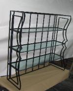iron shelving unit with glass shelves 